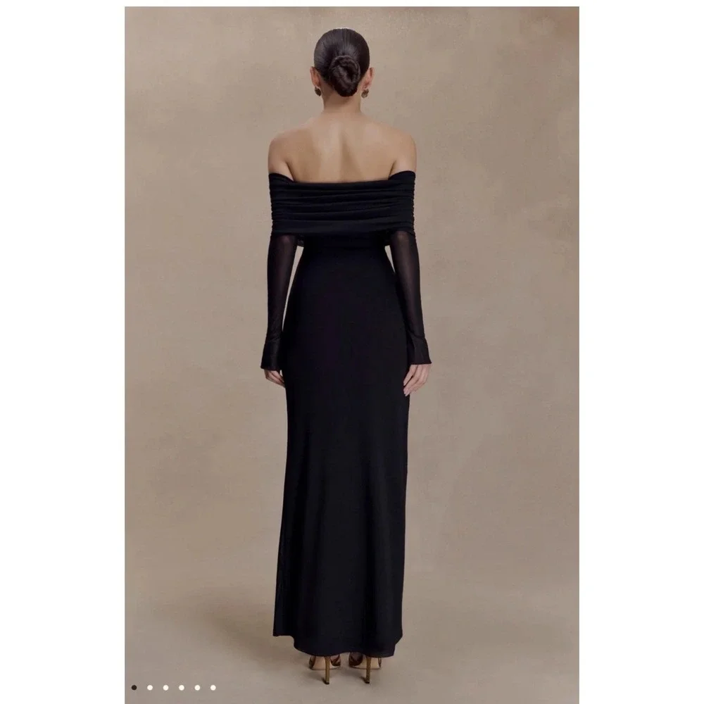 MESHKI Josie Off Shoulder Mesh Maxi Dress Black Women's Long Sleeve Size M - Picture 2 of 16